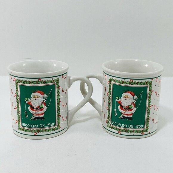 Morehead Enesco Christmas Mug Set Santa Fishing 2 Pair Candy Cane Hooked On You - Picture 1 of 12